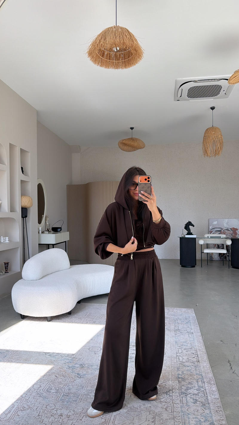 Kahverengi Modal Üçlü Atlet Hoodie Eşofman Takım