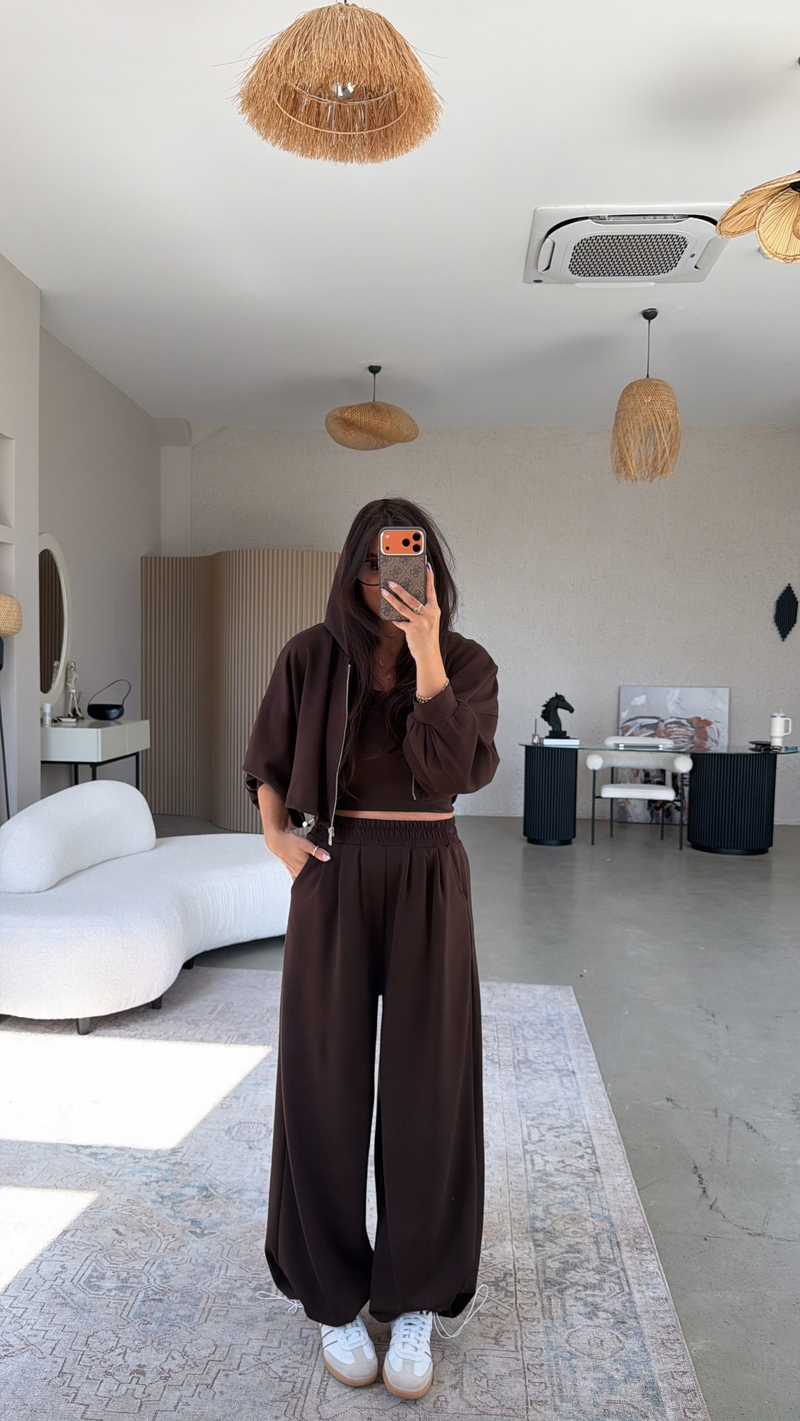 Kahverengi Modal Üçlü Atlet Hoodie Eşofman Takım