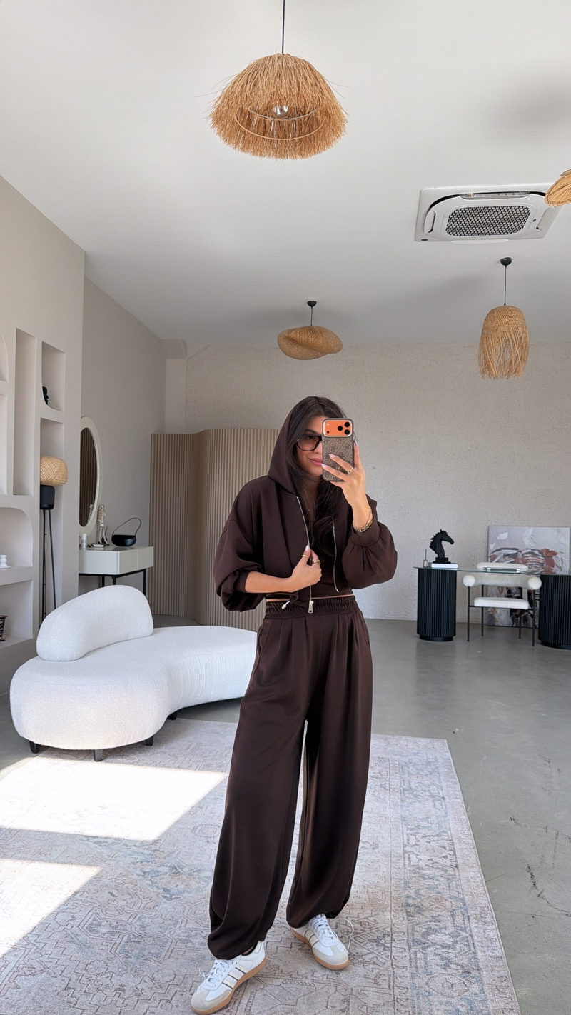 Kahverengi Modal Üçlü Atlet Hoodie Eşofman Takım