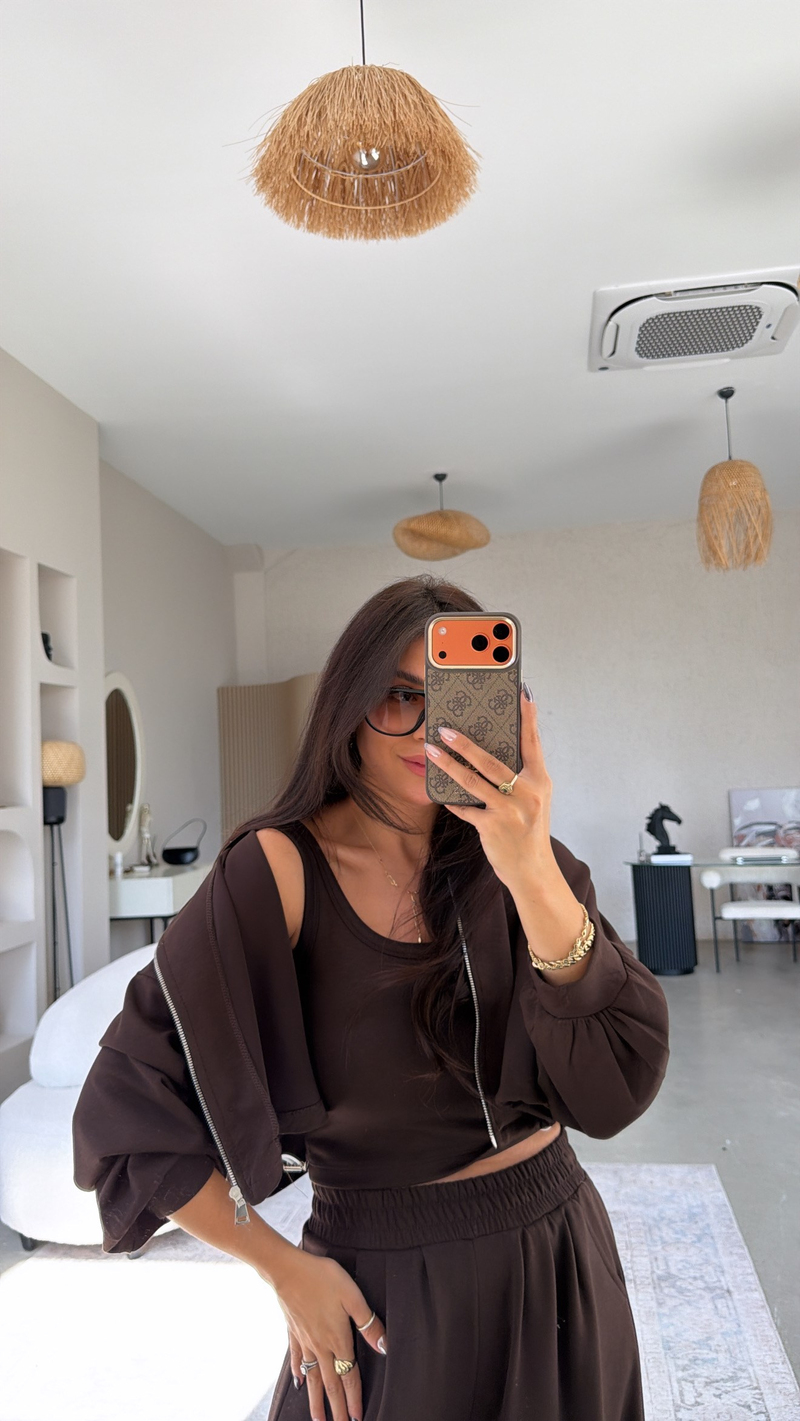 Kahverengi Modal Üçlü Atlet Hoodie Eşofman Takım