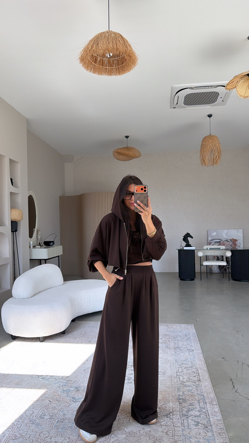 Kahverengi Modal Üçlü Atlet Hoodie Eşofman Takım