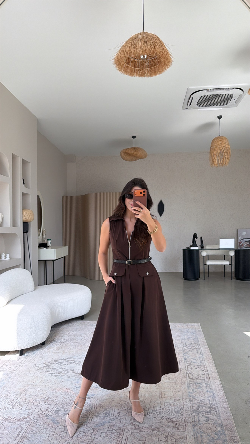 Kahverengi Ntw Model Paraşüt Kumaş Kemerli Premium Elbise