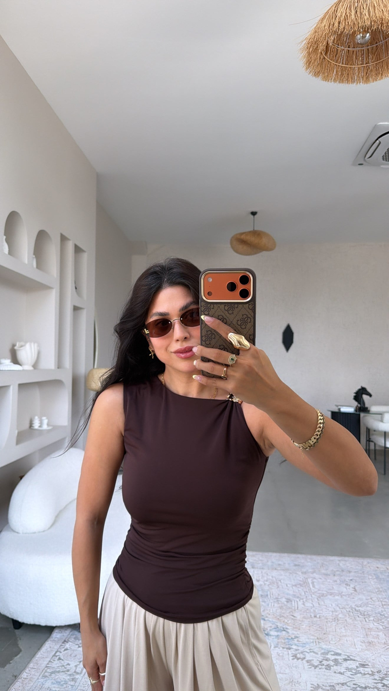 Kahverengi Omuz Aksesuarlı Polyamid Bluz