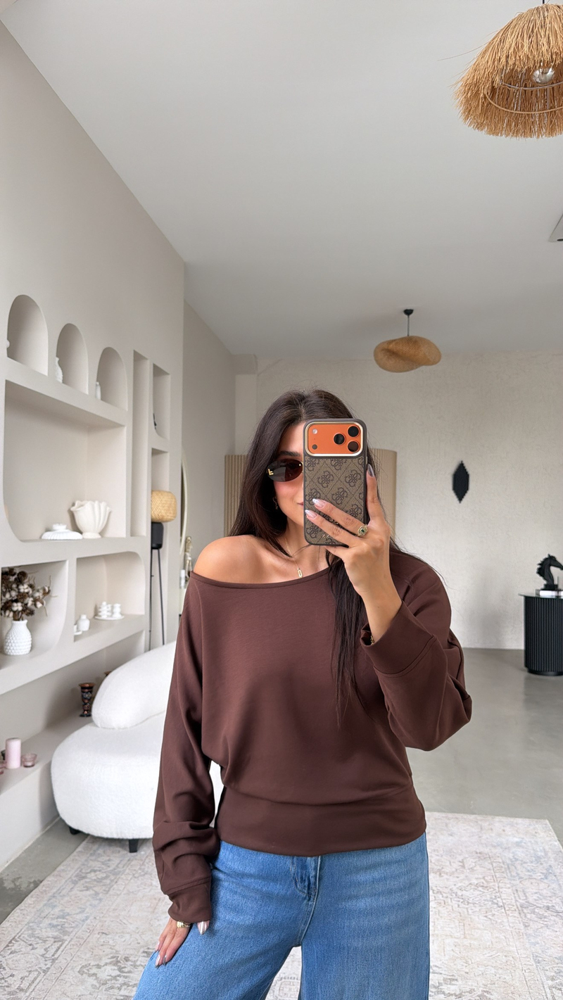 Kahverengi Omzu Açık Modal Sweatshirt