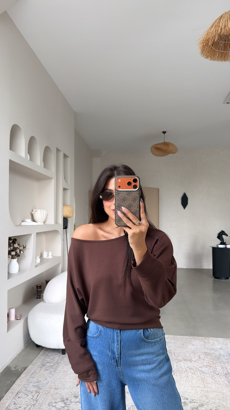 Kahverengi Omzu Açık Modal Sweatshirt