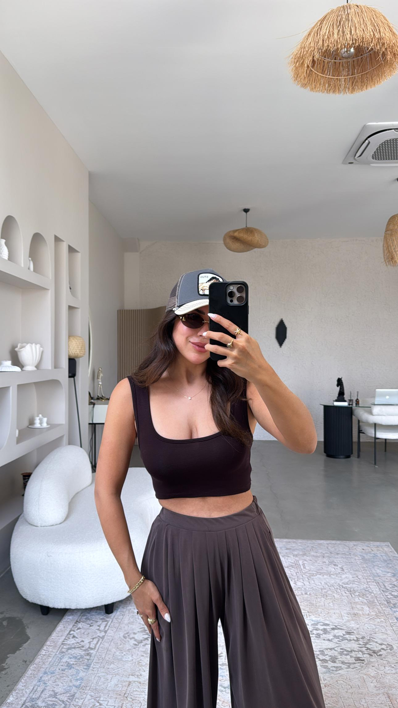 Kahverengi Oys Kalın Askı Crop Atlet