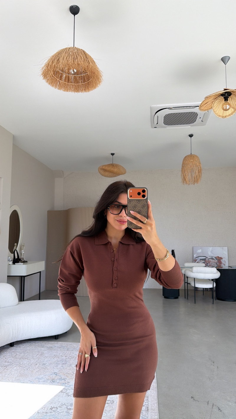 Kahverengi Polo Yaka Premium Triko Basic Elbise
