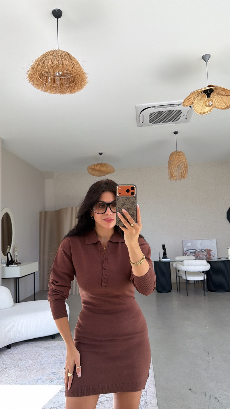 Kahverengi Polo Yaka Premium Triko Basic Elbise