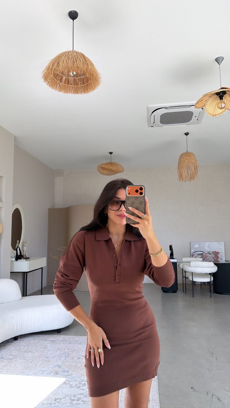 Kahverengi Polo Yaka Premium Triko Basic Elbise