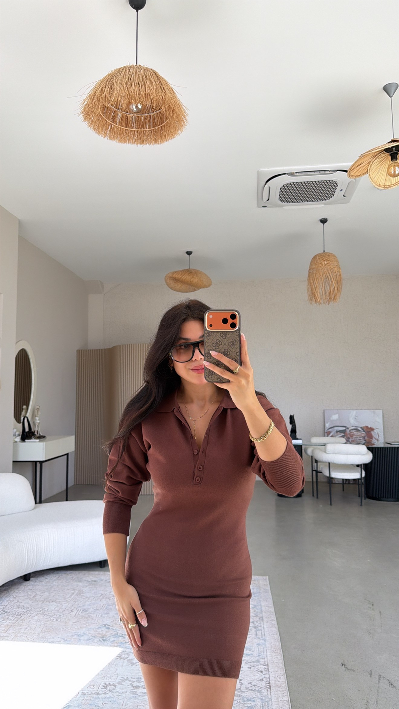 Kahverengi Polo Yaka Premium Triko Basic Elbise