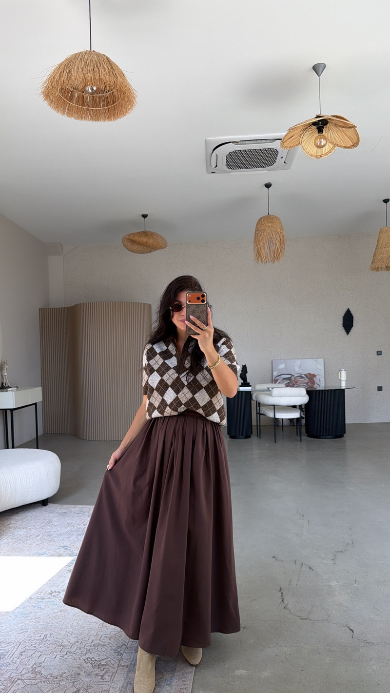 Kahverengi Poplin Maxi Beli Lastikli Etek
