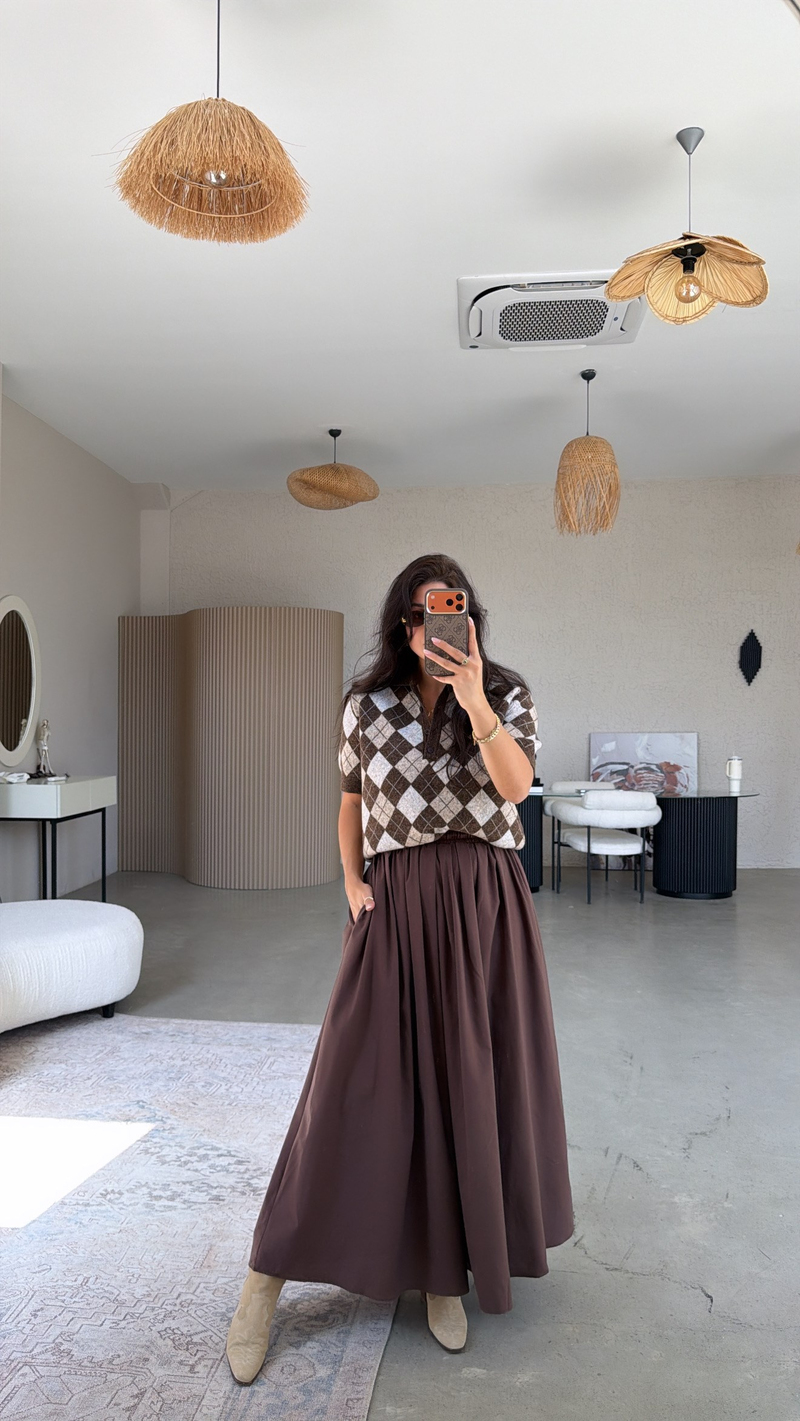 Kahverengi Poplin Maxi Beli Lastikli Etek