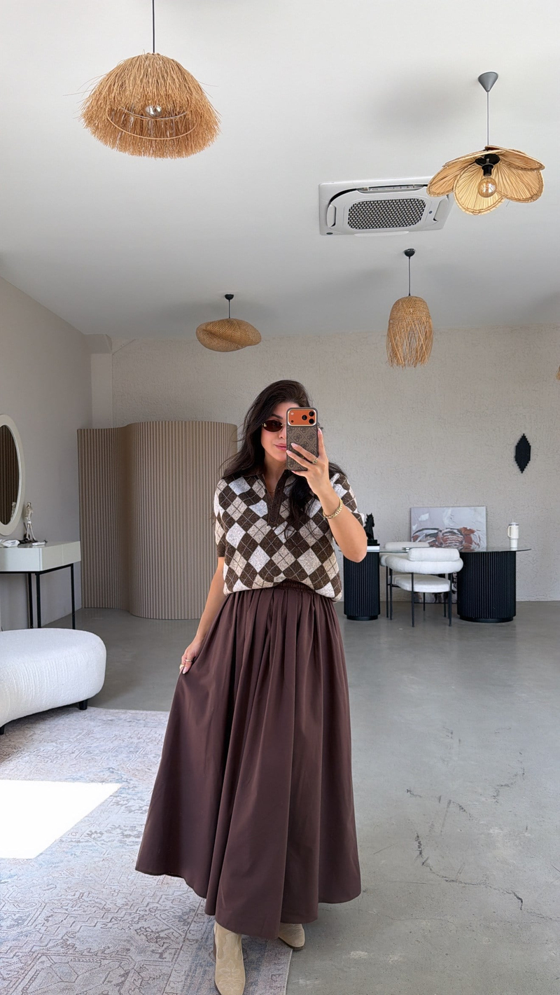 Kahverengi Poplin Maxi Beli Lastikli Etek