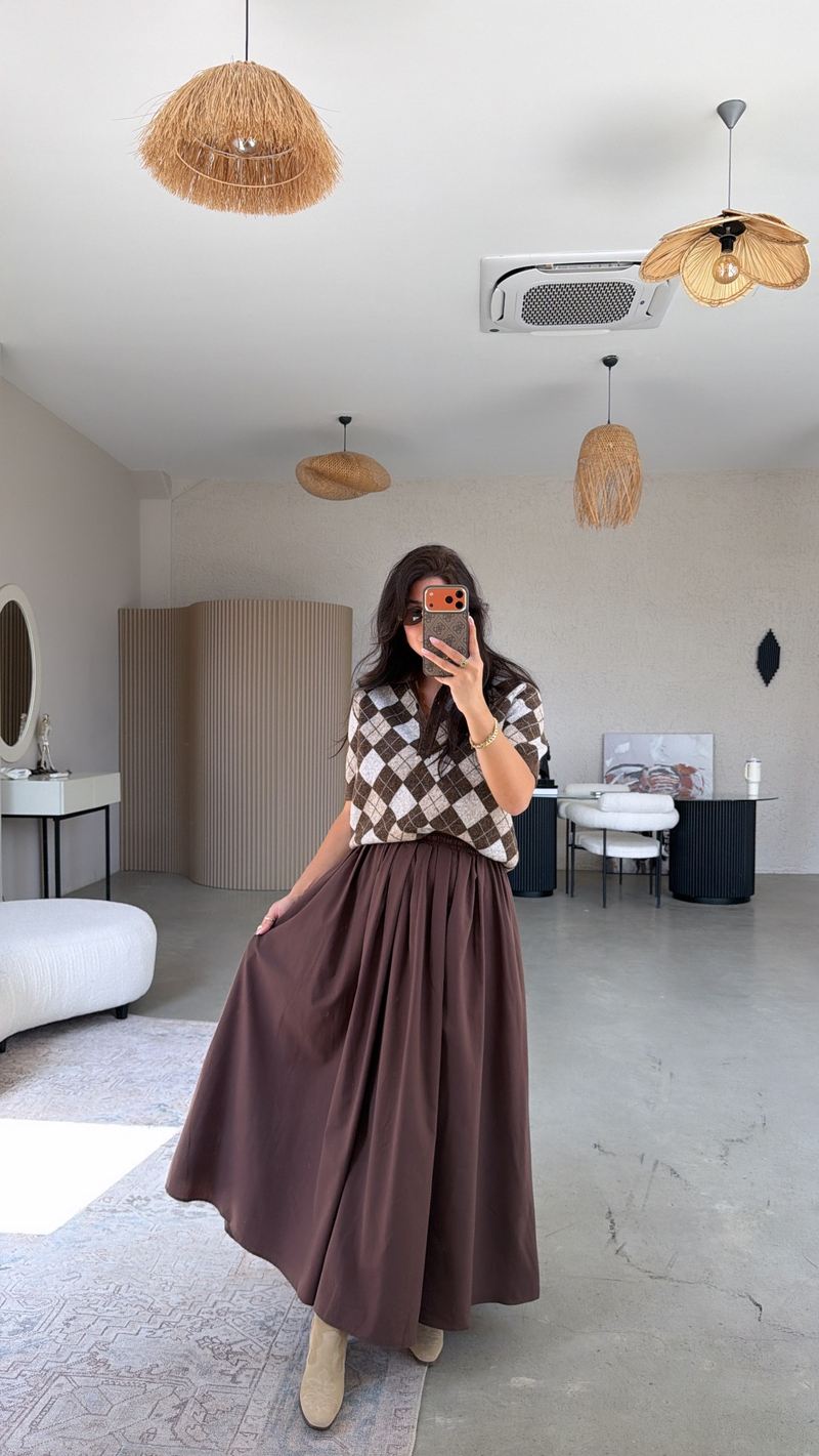 Kahverengi Poplin Maxi Beli Lastikli Etek