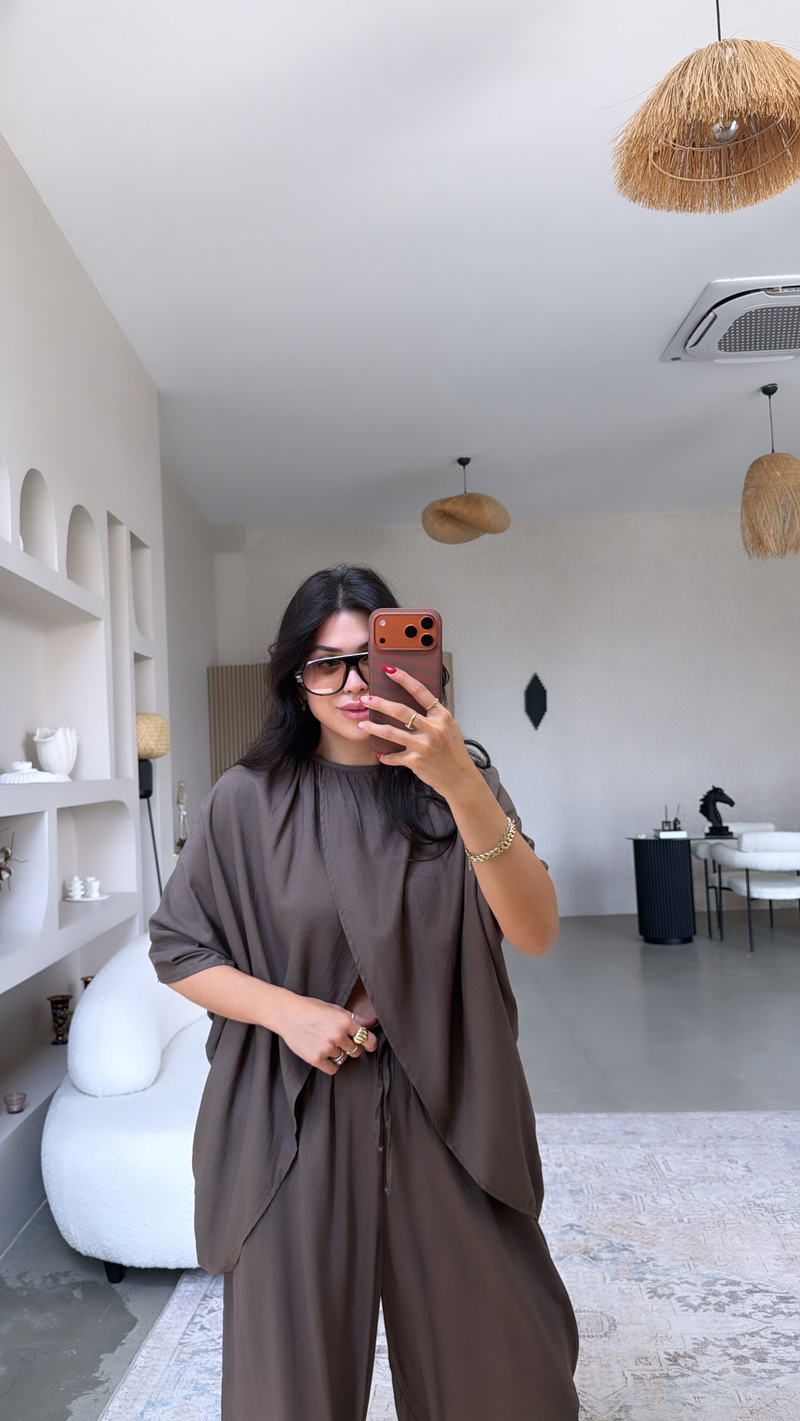 Kahverengi Premium Keten Kruvaze Bluz Pantolon Takım