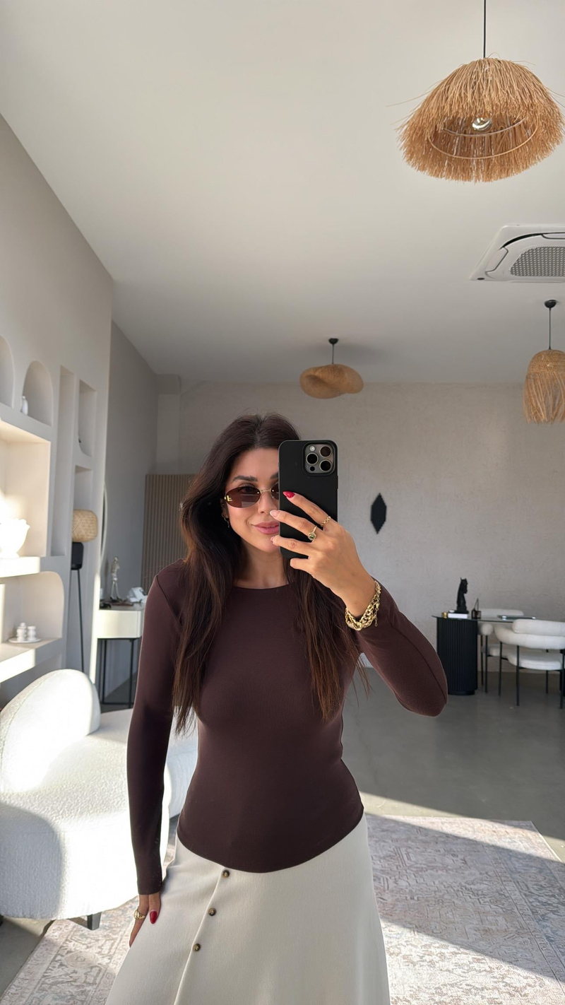 Kahverengi Pyr Uzun Kol Basic Bluz