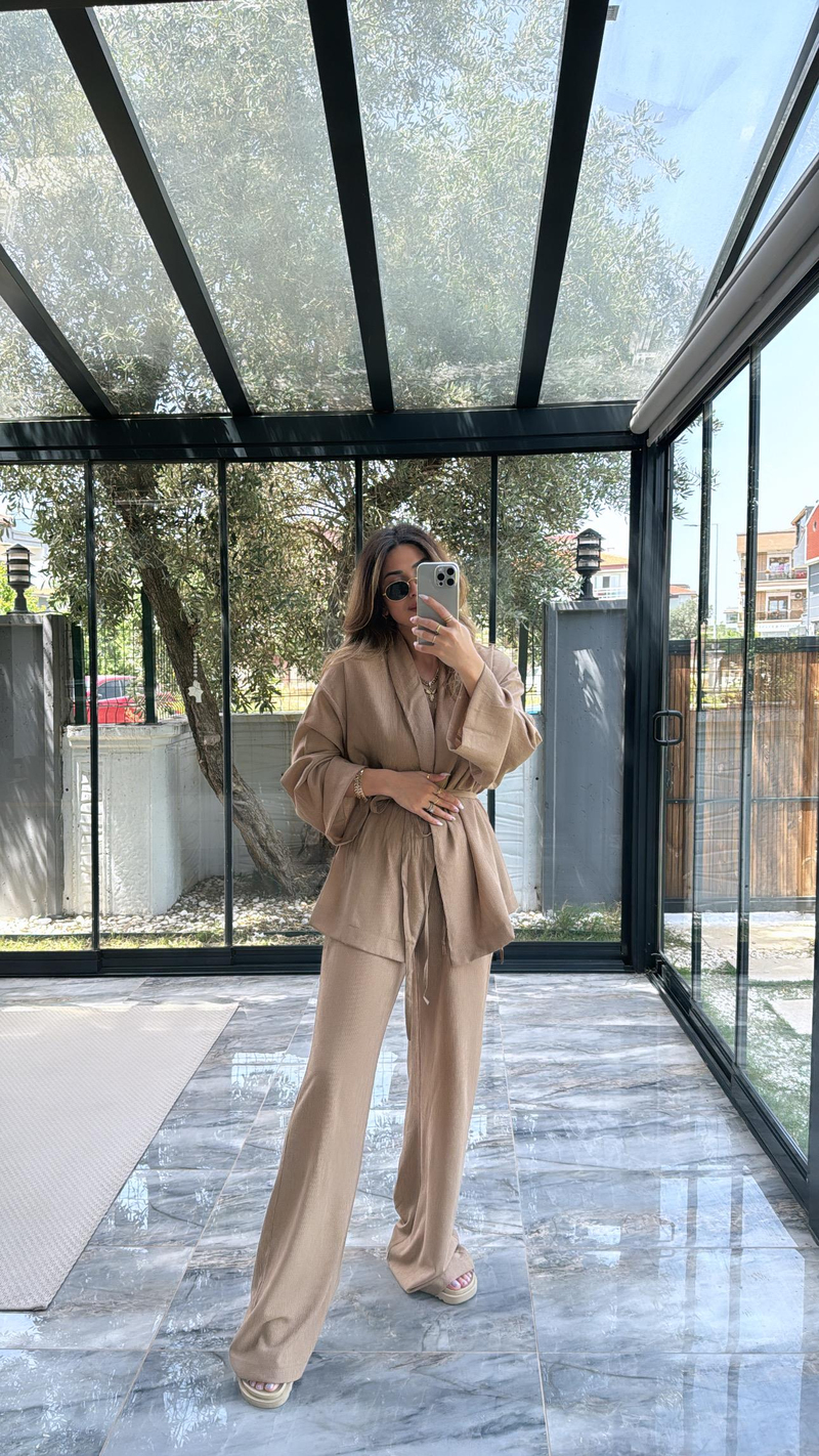Kahverengi Şal Yaka Kimono Takım
