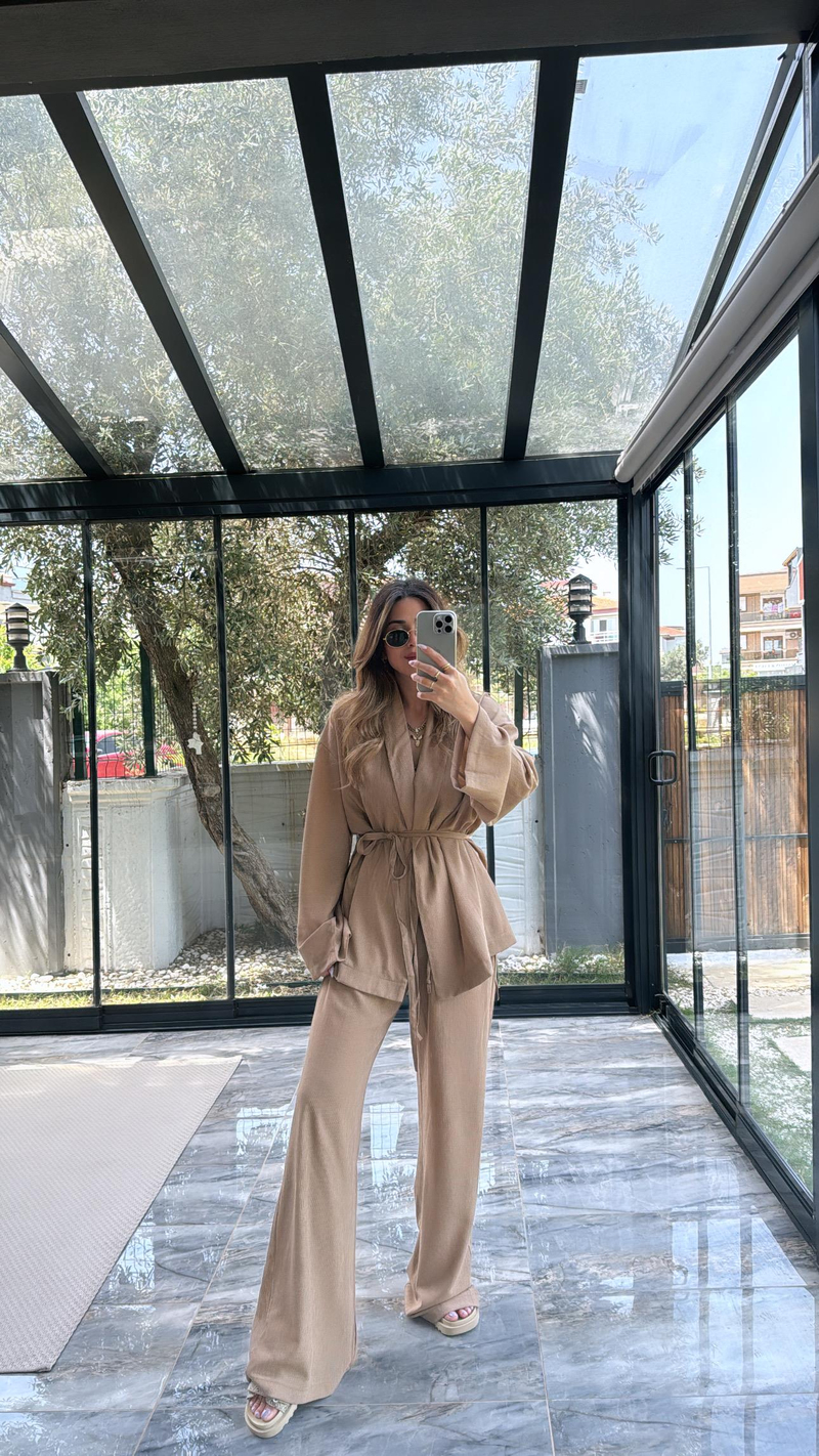 Kahverengi Şal Yaka Kimono Takım