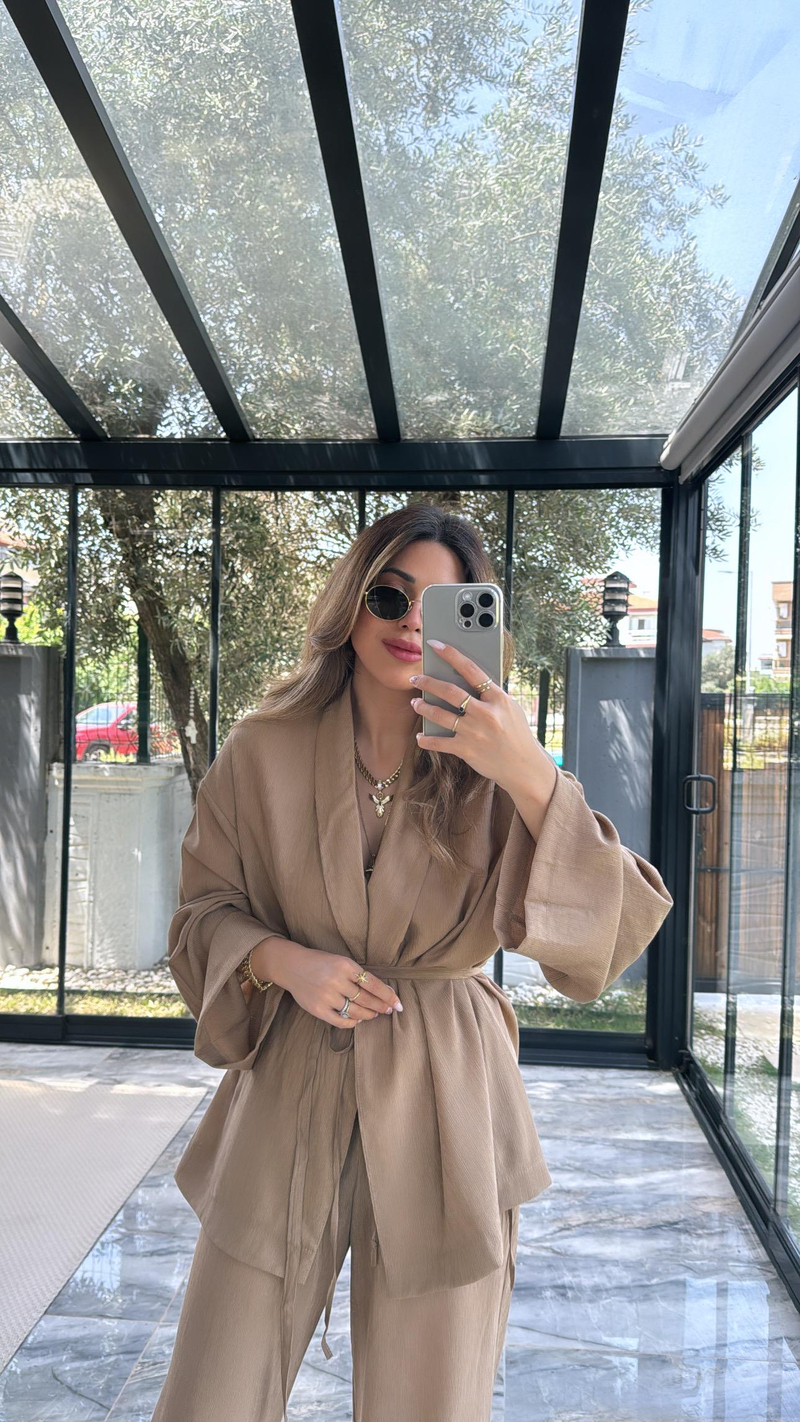 Kahverengi Şal Yaka Kimono Takım