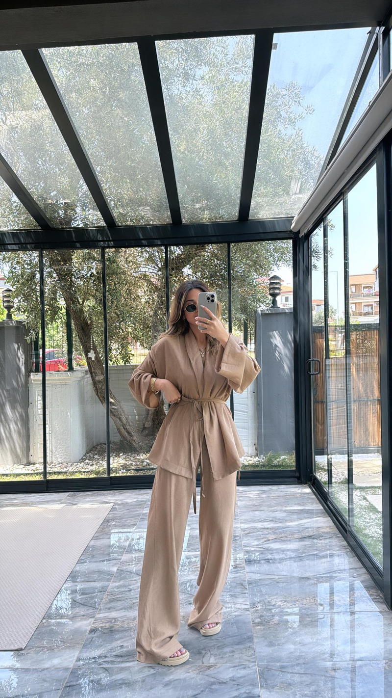 Kahverengi Şal Yaka Kimono Takım