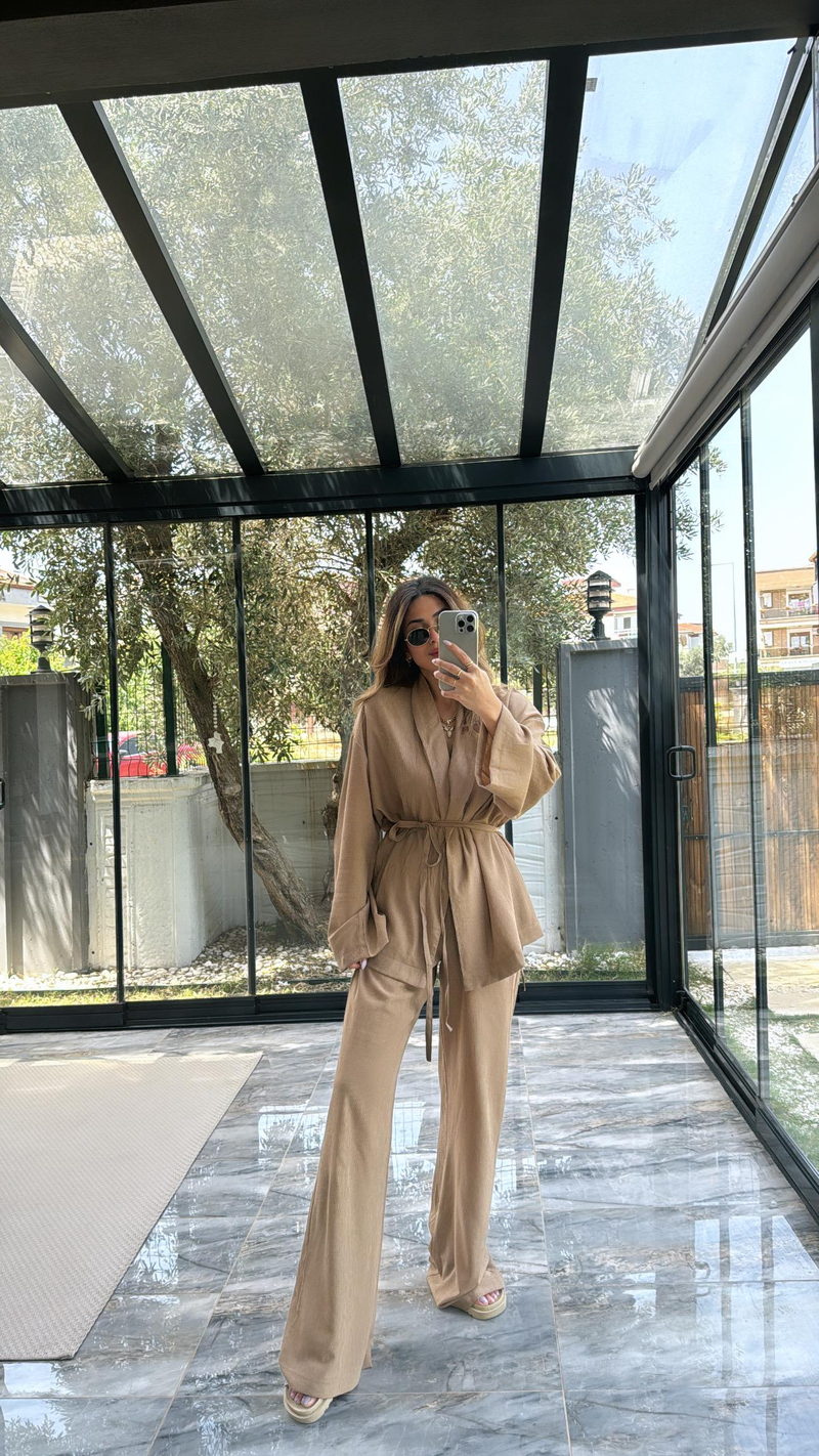 Kahverengi Şal Yaka Kimono Takım