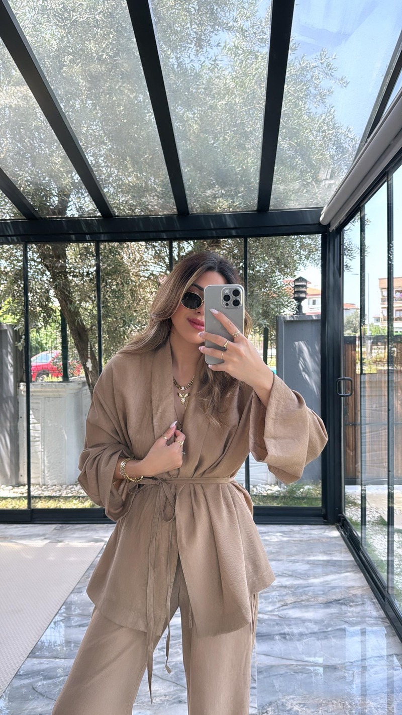 Kahverengi Şal Yaka Kimono Takım