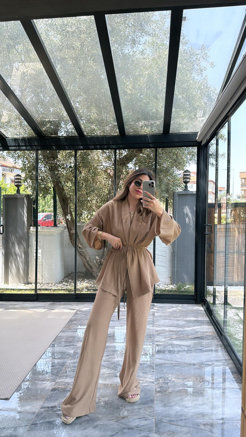 Kahverengi Şal Yaka Kimono Takım