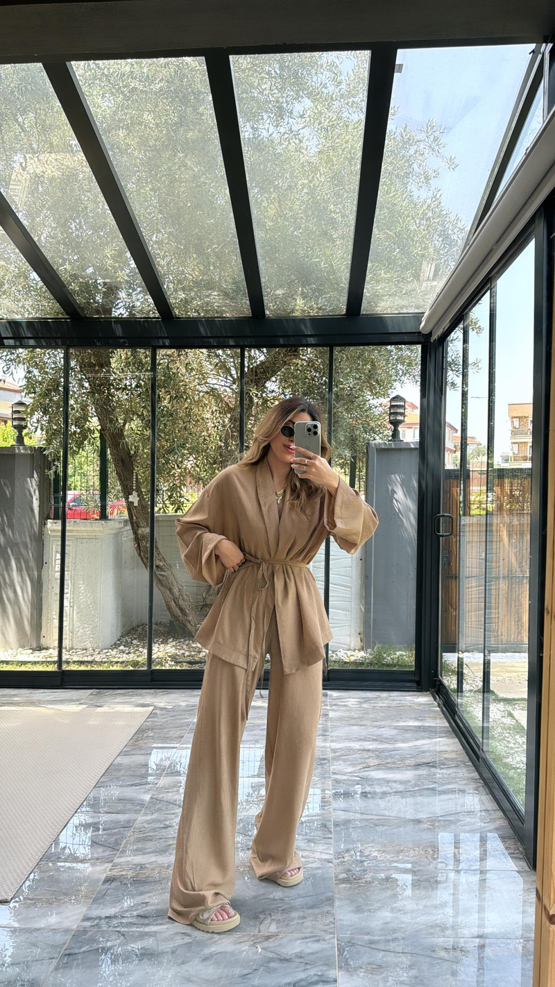 Kahverengi Şal Yaka Kimono Takım