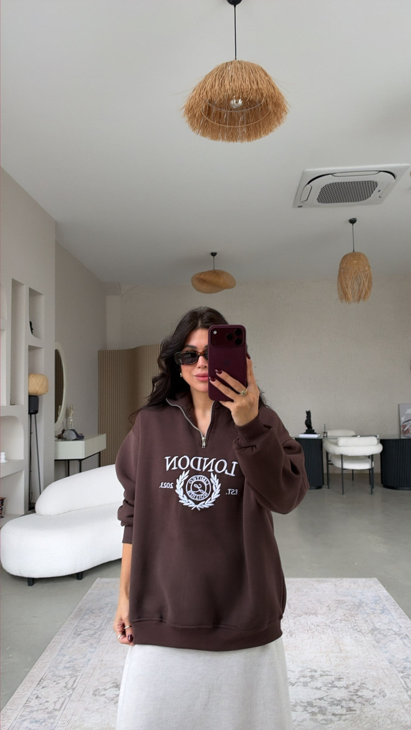 Kahverengi Şardonlu London Fermuarlı Sweatshirt