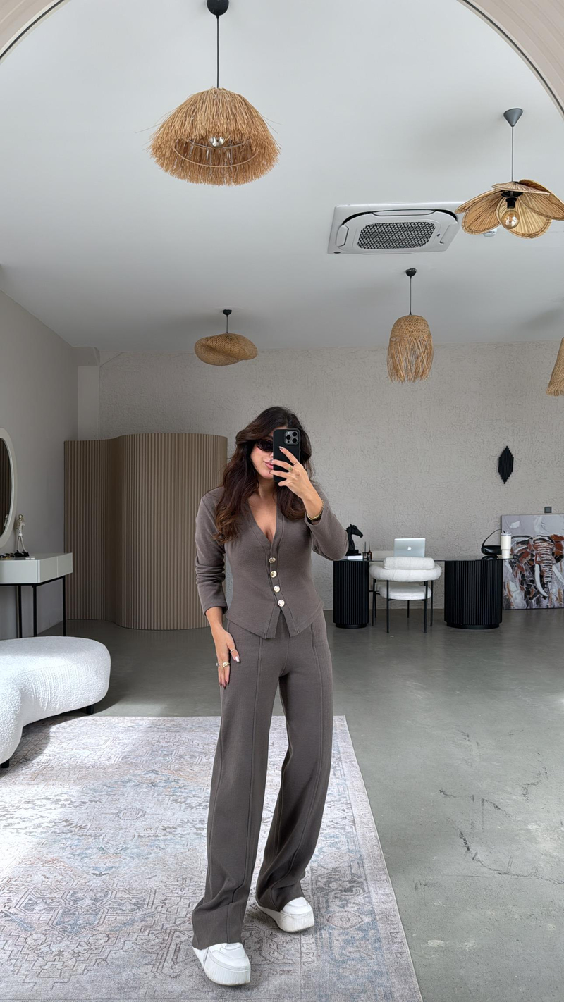 Kahverengi Selanik Triko ZR model Hırka Pantolon Takım