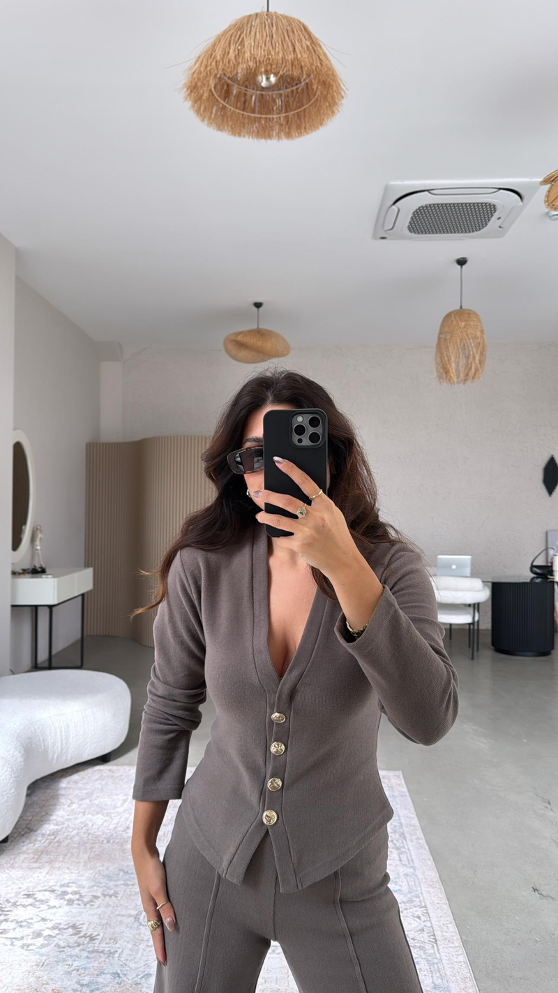 Kahverengi Selanik Triko ZR model Hırka Pantolon Takım