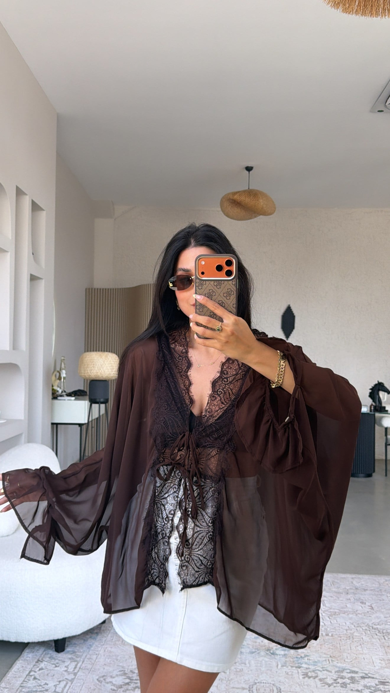 Kahverengi Şifon Dantelli Zr Model Bluz