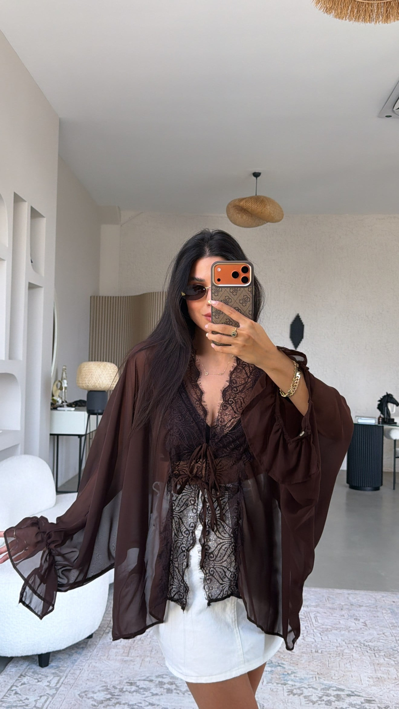 Kahverengi Şifon Dantelli Zr Model Bluz