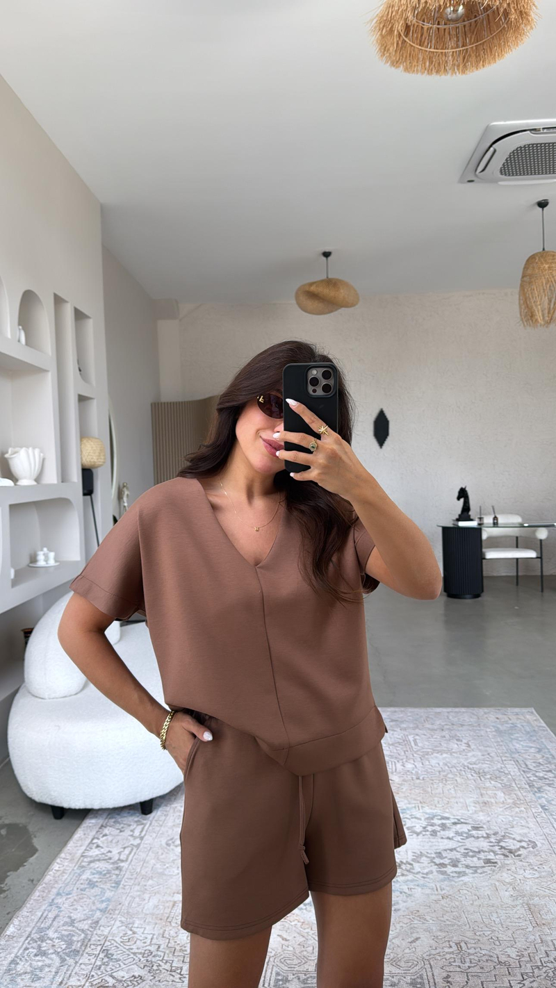 Kahverengi Şort Bluz Modal Takım