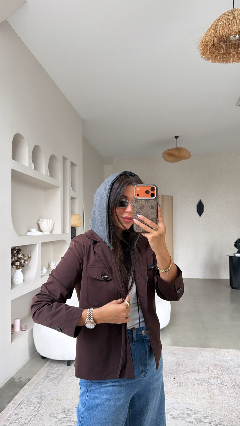 Kahverengi Sweat Kapüşon Detaylı Ceket