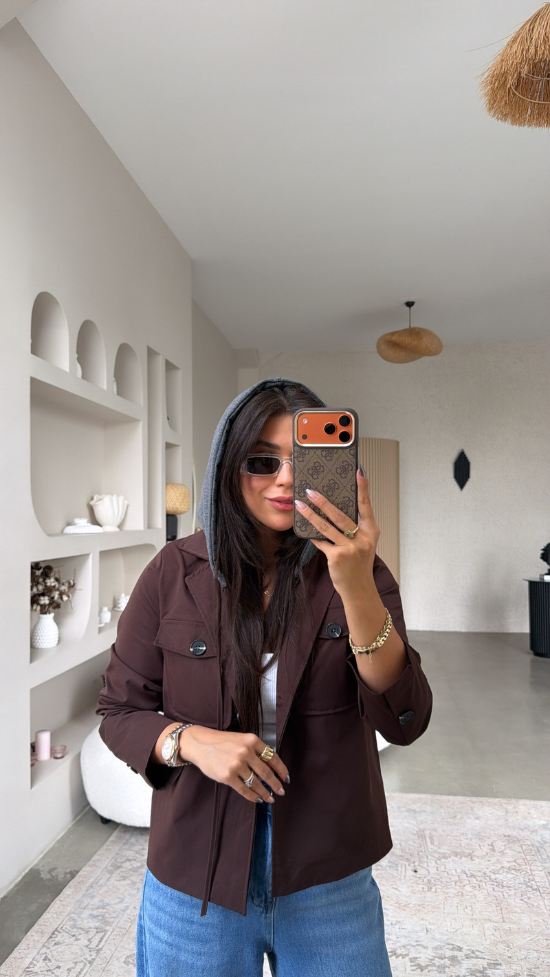 Kahverengi Sweat Kapüşon Detaylı Ceket