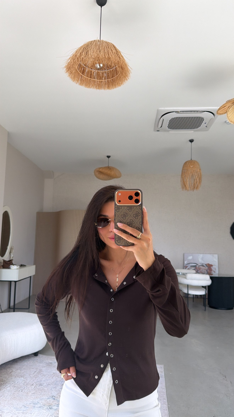 Kahverengi Tam Boy Çıtçıt Modal Bluz