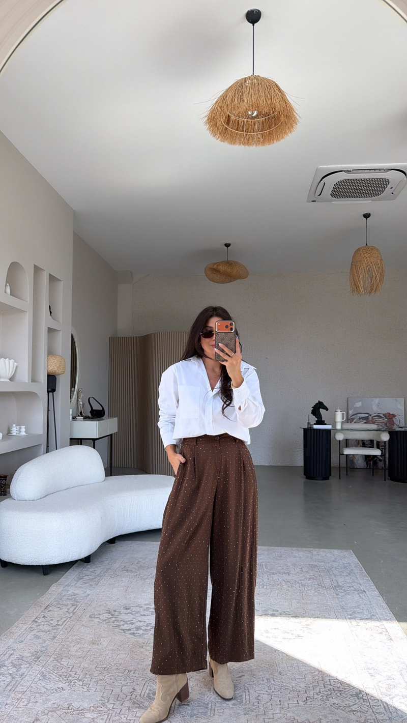 Kahverengi Taşlı Premium İnce Dökümlü Pantolon