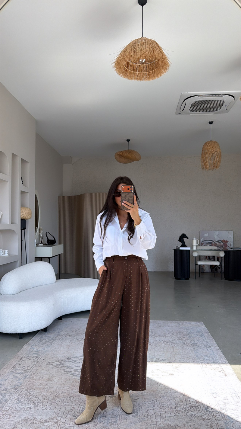 Kahverengi Taşlı Premium İnce Dökümlü Pantolon
