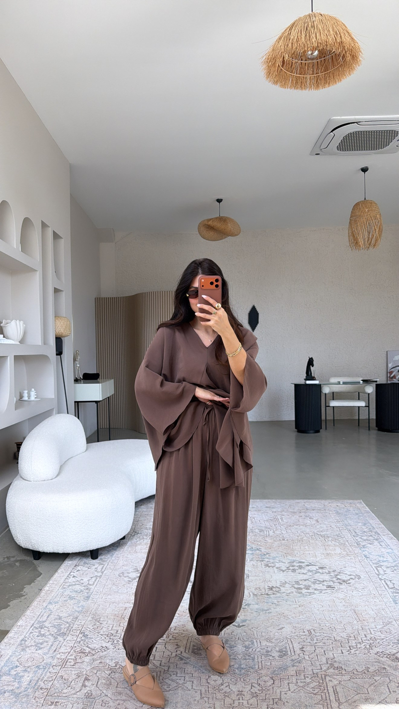 Kahverengi Tensel Ön Pile Detaylı Oversize Pantolon Bluz Takım