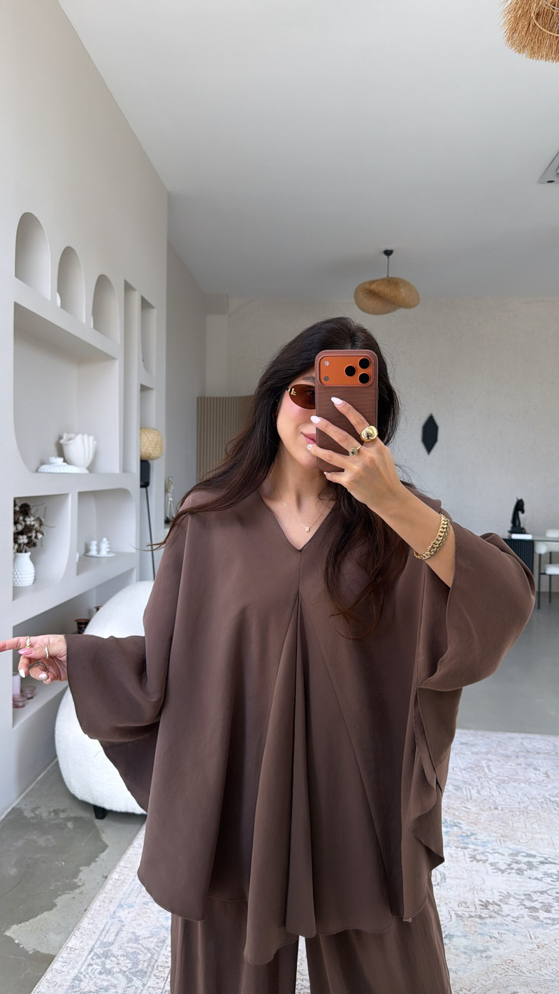 Kahverengi Tensel Ön Pile Detaylı Oversize Pantolon Bluz Takım