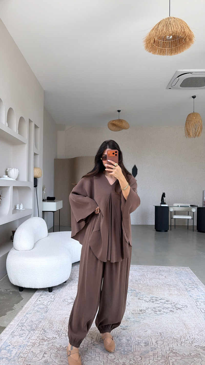 Kahverengi Tensel Ön Pile Detaylı Oversize Pantolon Bluz Takım