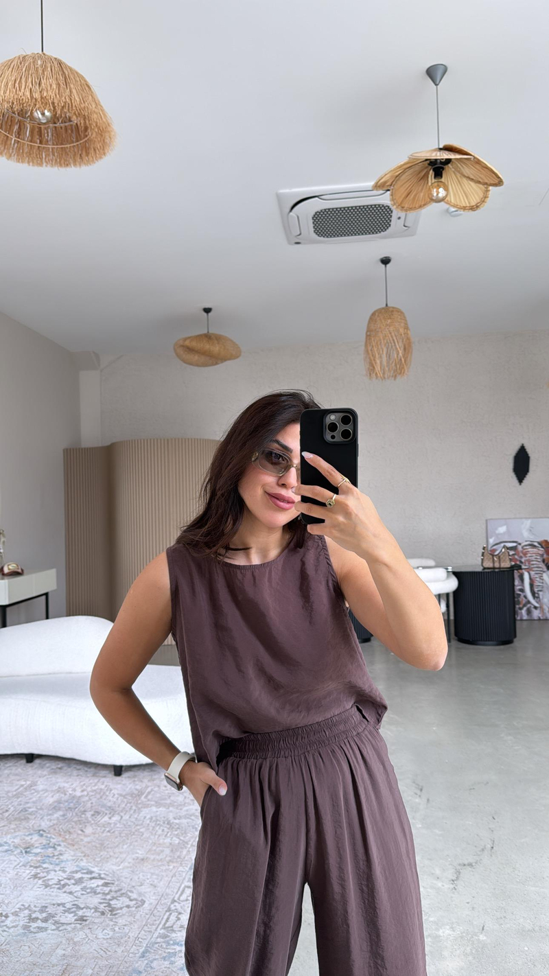 Kahverengi Tensel Pantolon Bluz Takım