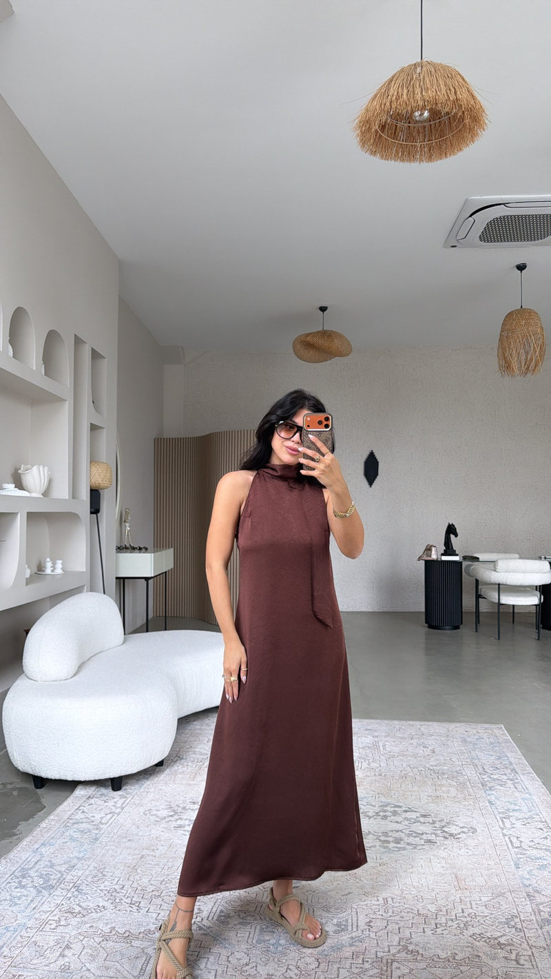 Kahverengi Tok Saten Boyun Bağlamalı Premium Elbise