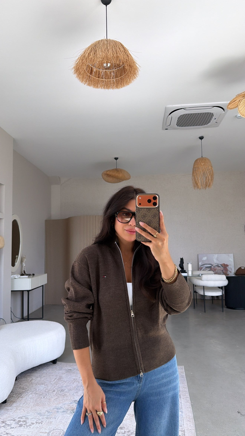 Kahverengi Triko Fermuarlı Tmy Orjinal Hırka