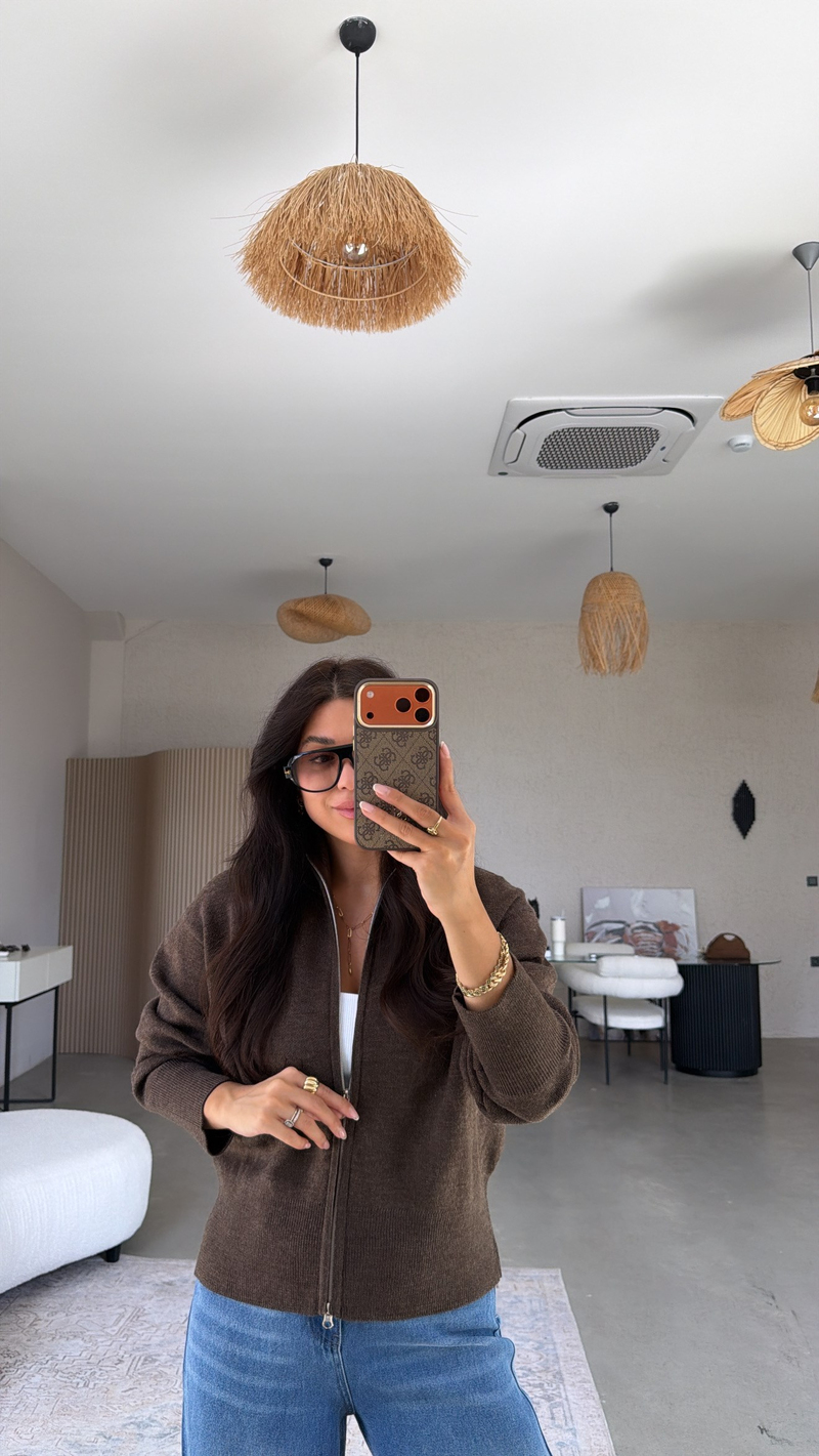 Kahverengi Triko Fermuarlı Tmy Orjinal Hırka