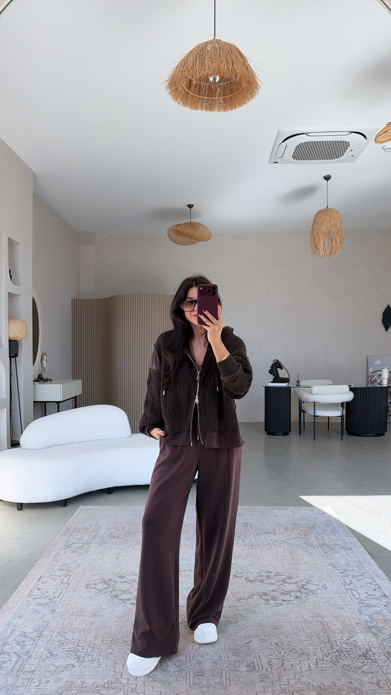 Kahverengi Triko Modal Garnili Hırka Pantolon Premium Takım