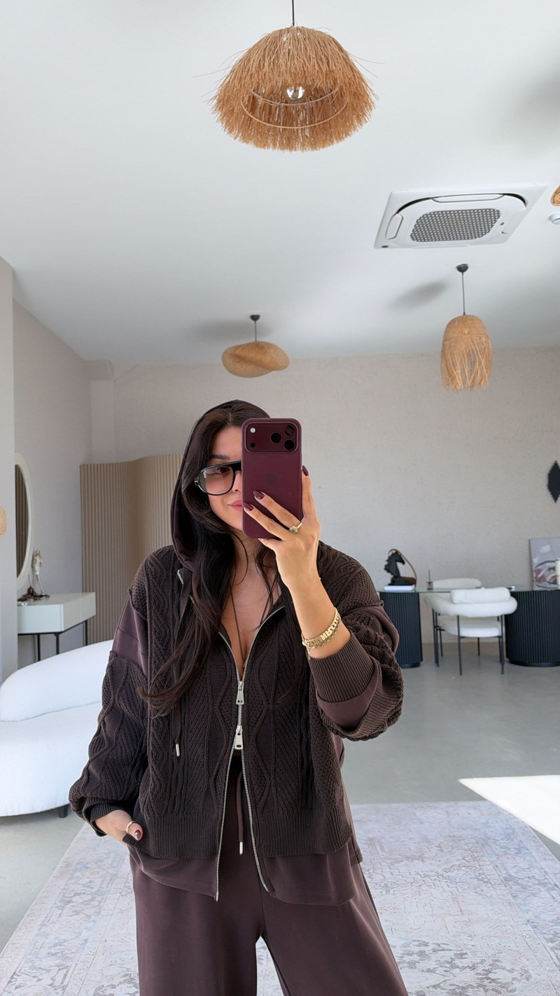 Kahverengi Triko Modal Garnili Hırka Pantolon Premium Takım