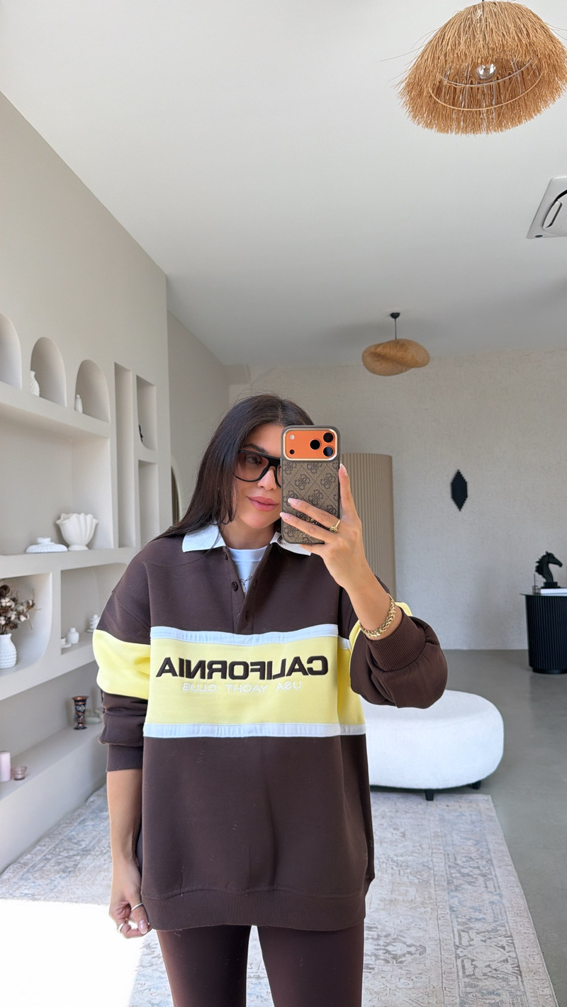 Kahverengi Üç İplik Yakalı California Sweatshirt