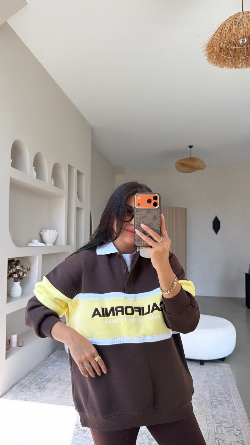 Kahverengi Üç İplik Yakalı California Sweatshirt
